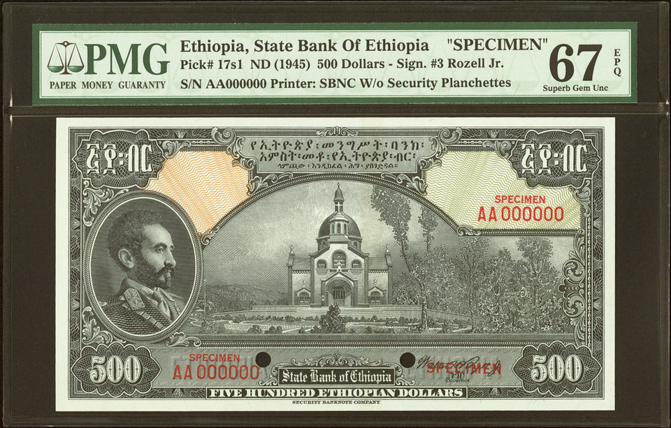 1945 Ethiopia 500 Dollars Banknote Specimen PMG 67 EPQ Pick-17s1 Rare Superb Gem UNC 1945 Ethiopia 500 Dollars Banknote Specimen PMG 67 EPQ Pick-17s1 Rare Superb Gem UNC