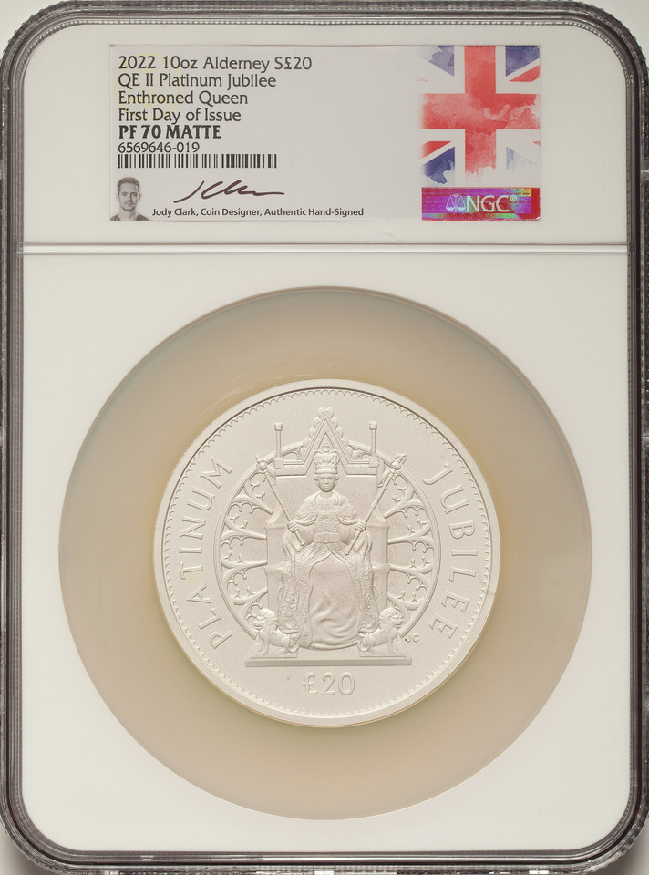 2022 Alderney Silver 10oz £20 QE II Platinum Jubilee NGC PF70 Matte FDI Sig