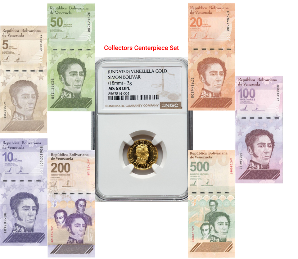 Venezuela Collectors Set – Gold Simón Bolívar 3g Coin MS68 DPL FINEST KNOWN + 5M–500M UNC Banknotes
