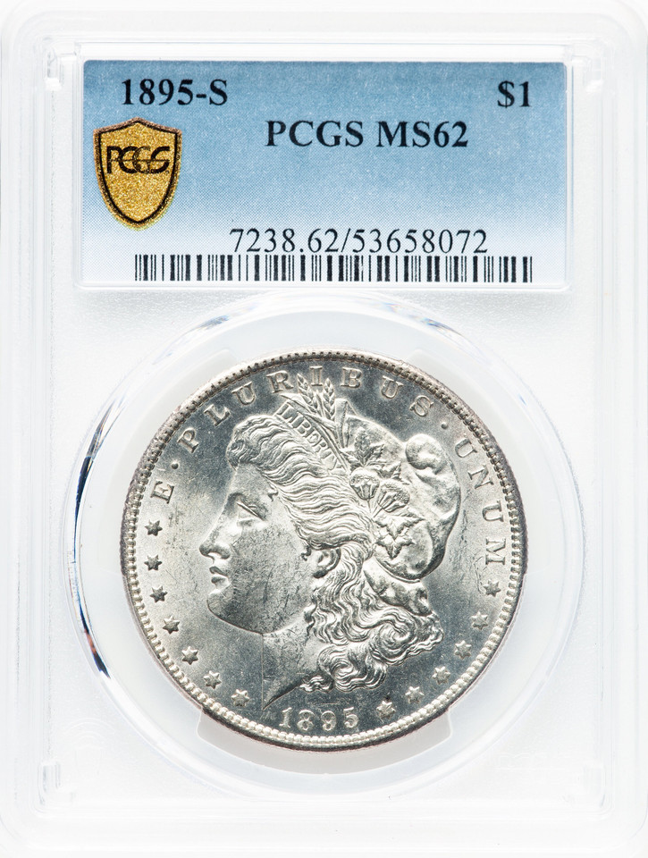 1895-S Morgan Silver Dollar PCGS MS62 Gold Shield Scarce Key Date SemiPL Obverse 1895-S Morgan Silver Dollar PCGS MS62 Gold Shield Scarce Key Date SemiPL Obverse
