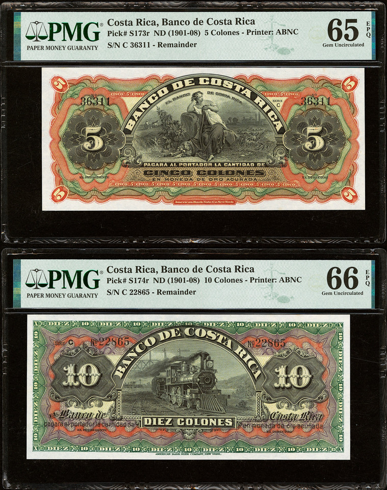 Costa Rica Banco de Costa Rica 5 & 10 Colones Remainder Note Pair PMG 65 66 EPQ ABNC