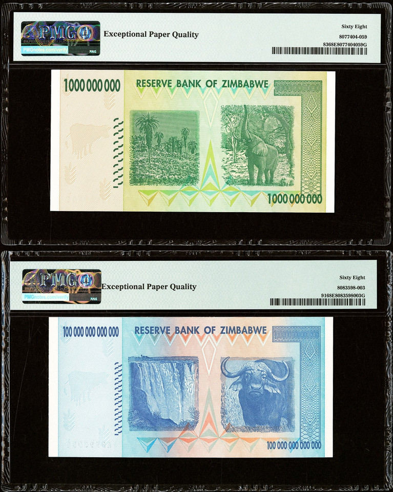 2008 Zimbabwe 1 Billion & 100 Trillion Dollars PMG 68 EPQ Hyperinflation P-83 P-91 Set