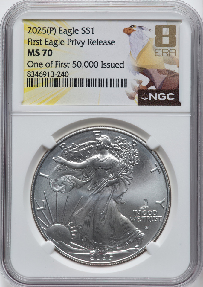 2025(P) American Silver Eagle $1 First Eagle Privy MS70 NGC 8 Era One of First 50,000