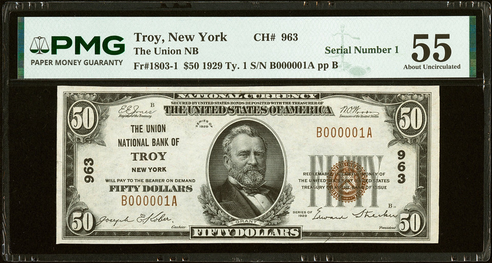 1929 $50 Troy, New York Union National Bank PMG AU 55 Ty. 1 Ch. #963 Serial #1
