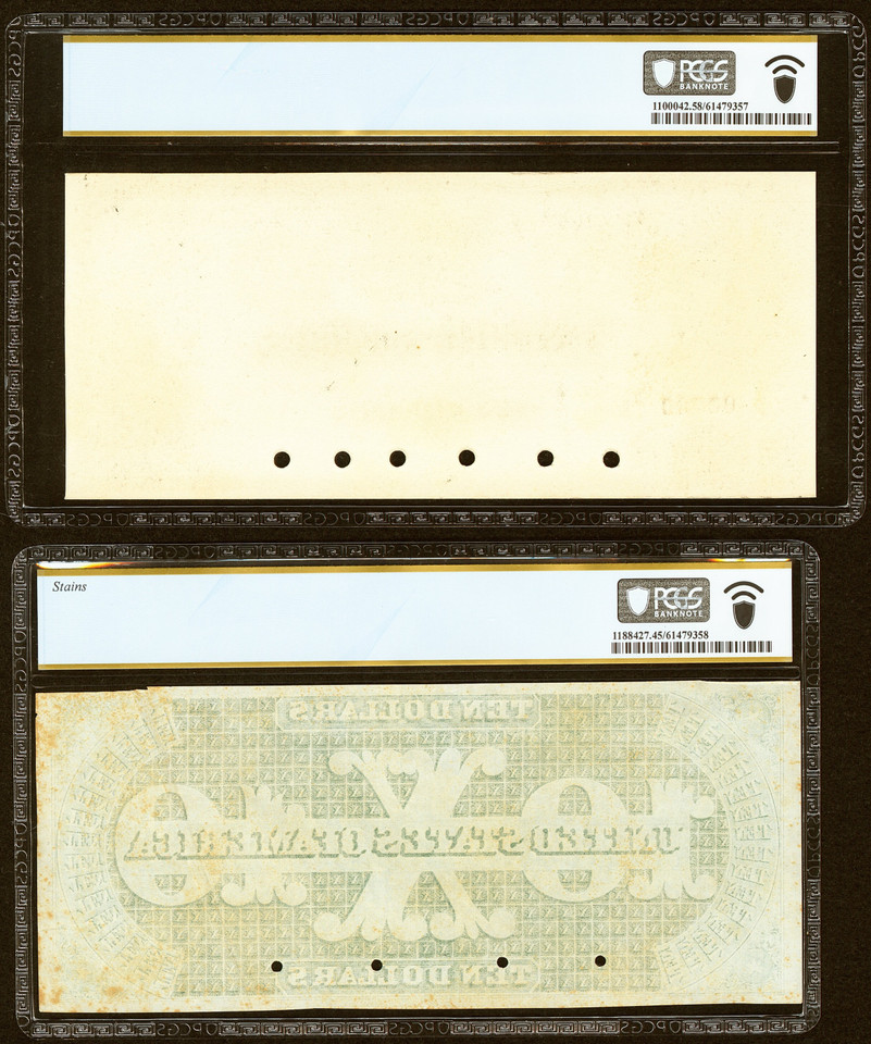 1861 $10 Demand Note Face and Back Proofs PCGS Choice AU 58; Choice XF 45 Rarity