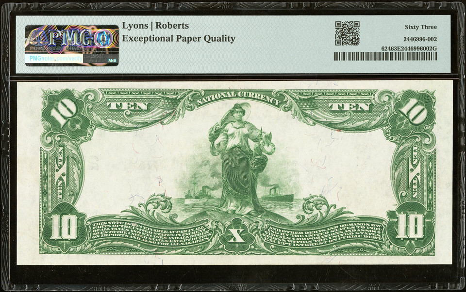 1902 Wahoo Nebraska $10 National Bank Note Fr 624 Ch 2780 PMG 63 EPQ McKinley Plain Back