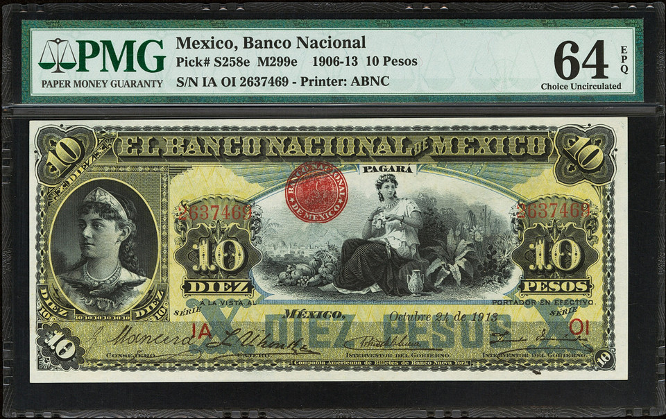 1913 Mexico Banco Nacional de Mexicano 10 Pesos M299e PMG 64 EPQ Rare Low Pop