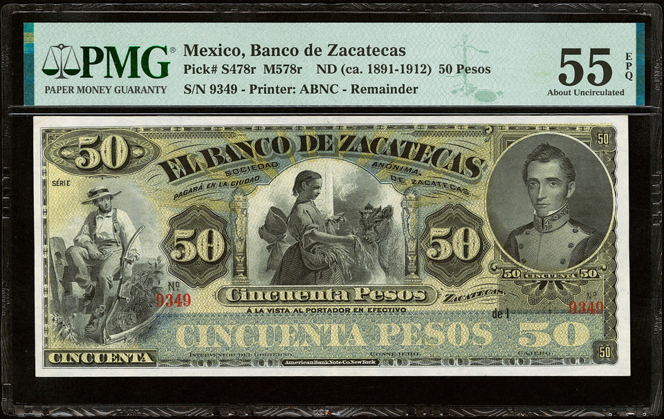 1891 Mexico Banco de Zacatecas 50 Pesos P#S478r PMG 55 AU Remainder Ultra Rare