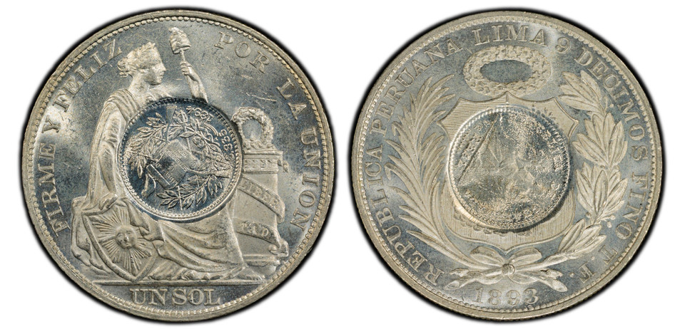 1894 Counterstamped Peso 1/2R on 1893-TF Peru Sol PCGS MS63