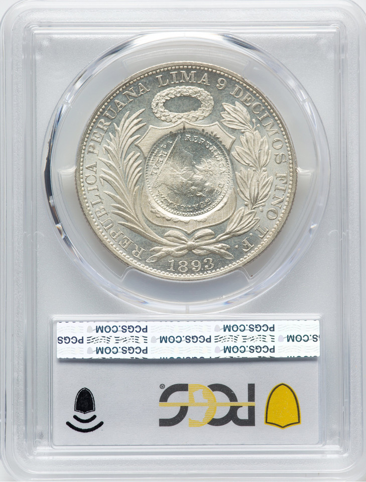 1894 Counterstamped Peso 1/2R on 1893-TF Peru Sol PCGS MS63