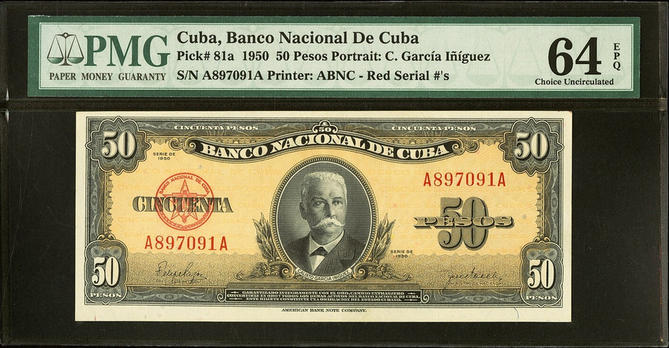 1950 Cuba 50 Pesos Banco Nacional PMG 64 EPQ Ch Unc Pick 81a Calixto Garcia Iniguez