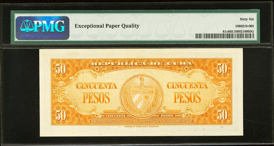 1960 Cuba 50 Pesos Banco Nacional Pick 81c PMG 66 EPQ Gem UNC Black Serial