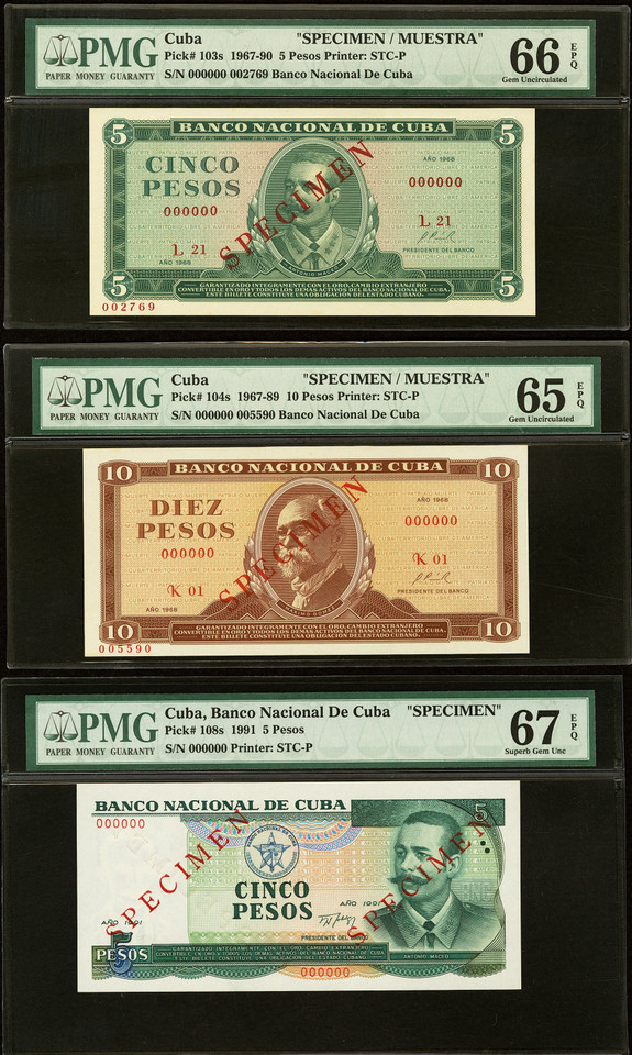 1967-1991 Cuba Banco Nacional Specimen 5 & 10 Pesos P-103s 104s 108s PMG 3-Note Set