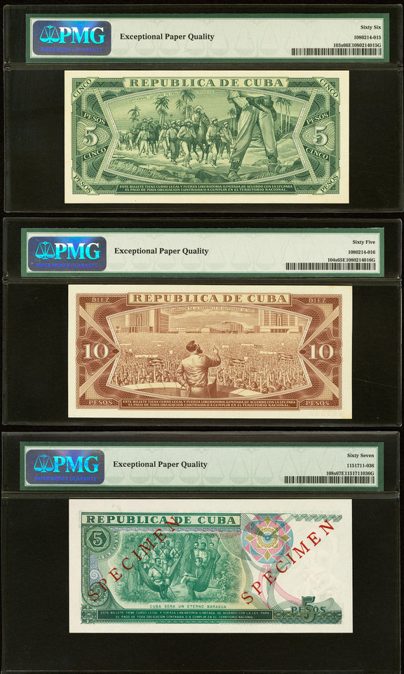1967-1991 Cuba Banco Nacional Specimen 5 & 10 Pesos P-103s 104s 108s PMG 3-Note Set