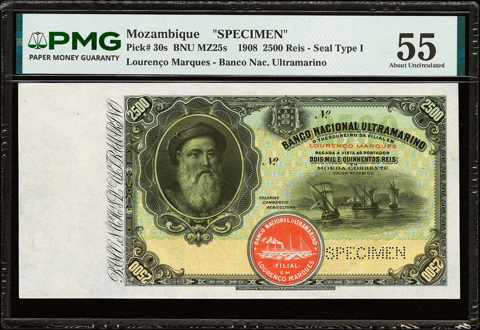 1908 Mozambique 2500 Reis Specimen PMG 55AU Pick 30s Lourenco Marques Rare