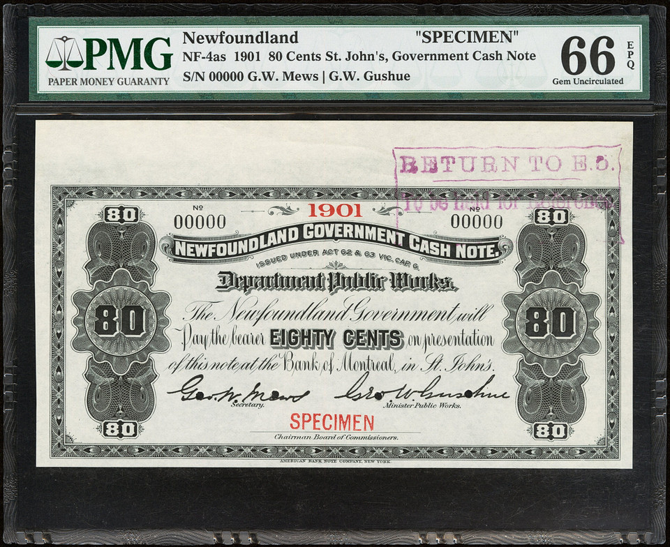 1901 Newfoundland 80 Cents PMG 66 EPQ  St. Johns Government Cash Specimen TOPPOP