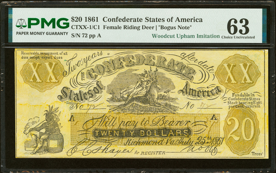 1861 $20 Female Riding Deer Bogus Note PMG Choice Uncirculated 63 CTXX-1/C1 Rare