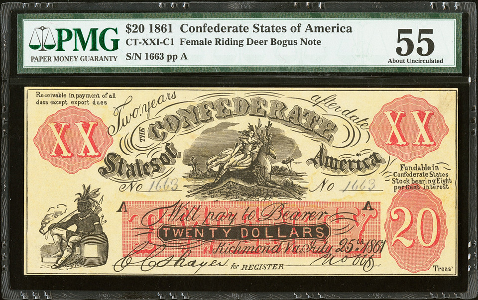 1861 $20 Confederate States CT-XXI-C1 Bogus Note PMG 55AU Female Riding Deer