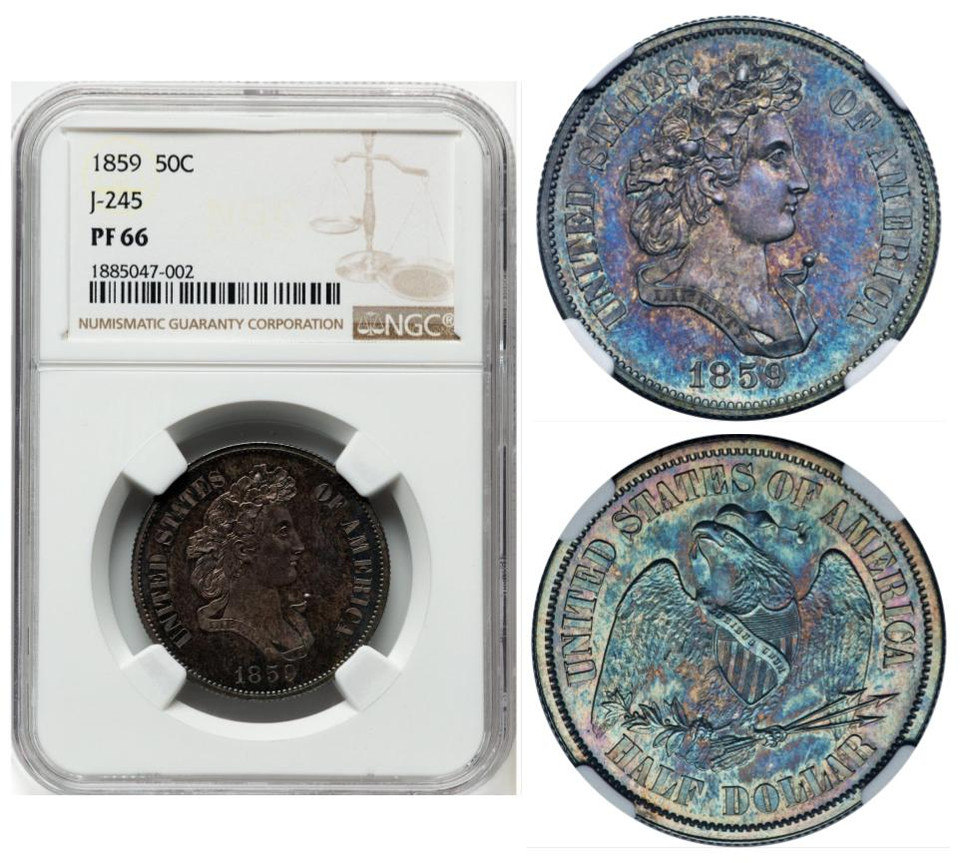 1859 50C Half Dollar, Judd-245, Pollock-301, High R.6, NGC PR66 Perfect Ribbon