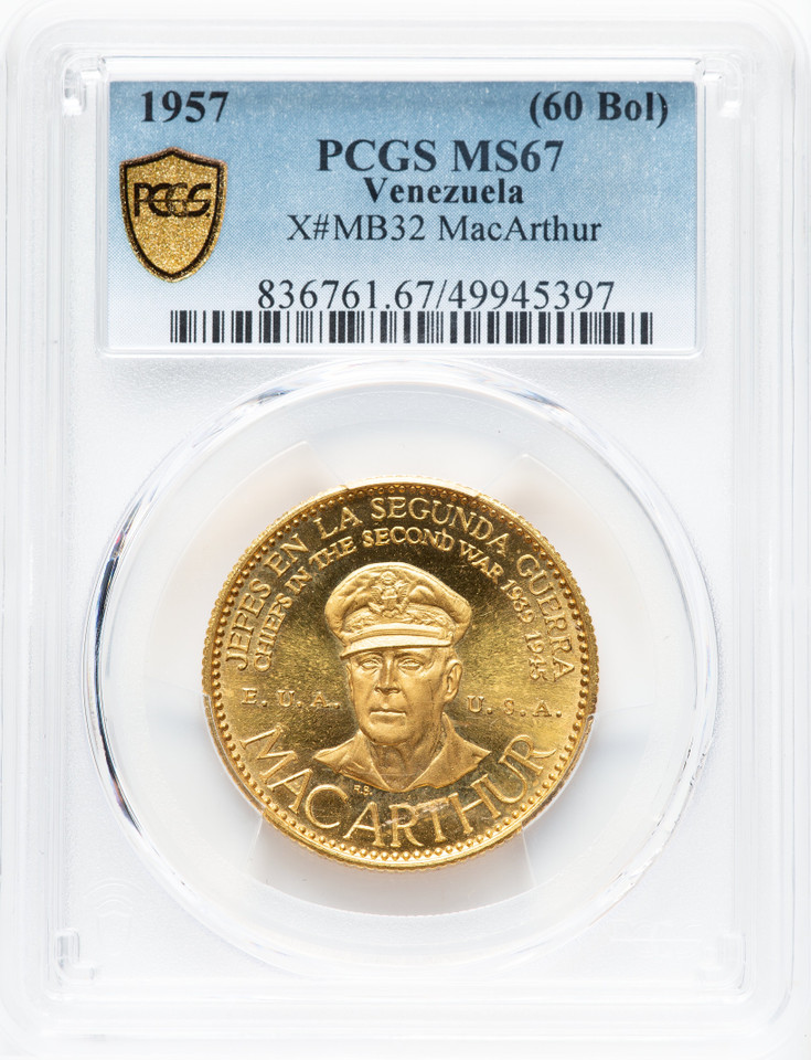 1957 Venezuela Gold 60 Bolivares MacArthur Medallic Issue PCGS MS67