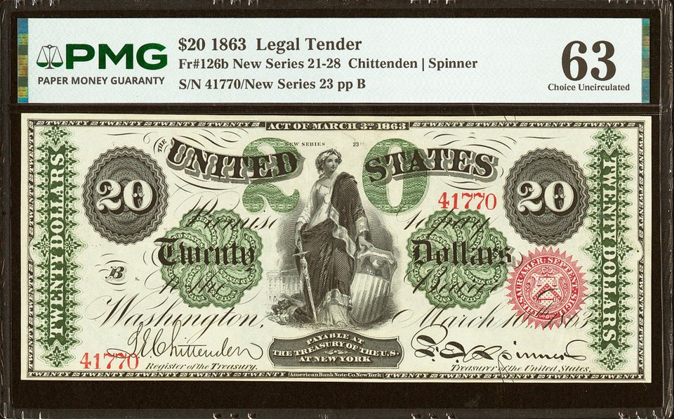 1863 $20 Legal Tender Note Fr.126b PMG 63CU Civil War Era Currency New Series