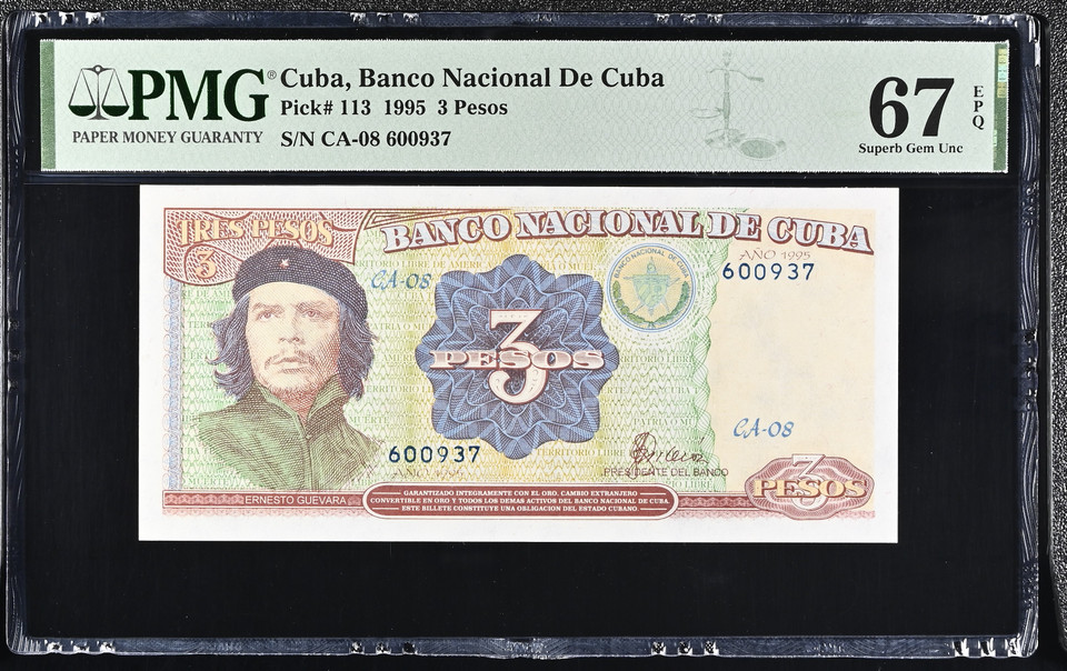 1995 Cuba Banco Nacional de Cuba 3 Pesos Pick 113 PMG 67 EPQ Superb Gem Uncirculated Ernesto Guevara Banknote