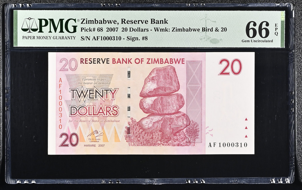 Zimbabwe 2007 Reserve Bank 20 Dollars Pick 68 PMG 66 EPQ Gem Uncirculated