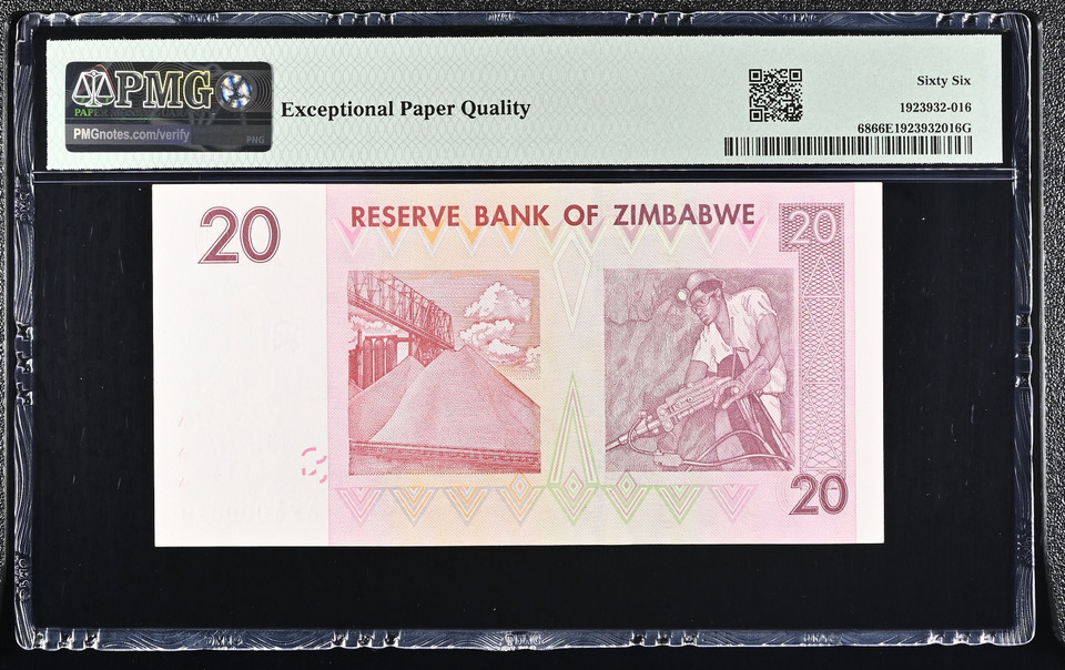 Zimbabwe 2007 Reserve Bank 20 Dollars Pick 68 PMG 66 EPQ Gem Uncirculated