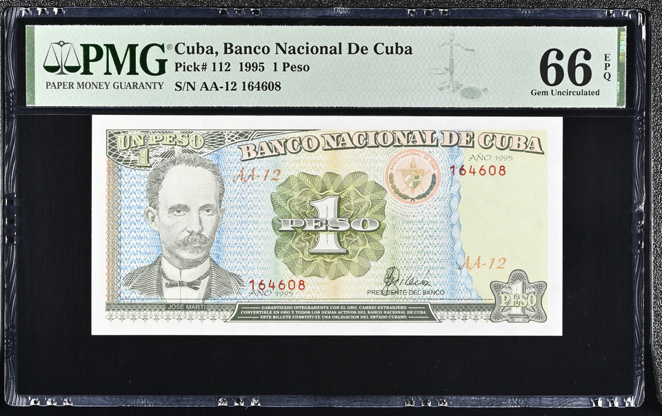 Cuba 1995 Banco Nacional de Cuba 1 Peso Pick 112 José Martí PMG 66 EPQ Gem Uncirculated