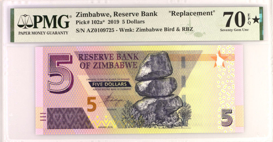 Zimbabwe 2019 Reserve Bank 5 Dollars Replacement Note Pick 102a* PMG 70 EPQ★ Seventy Gem Uncirculated