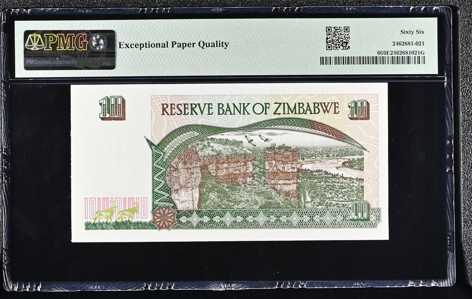 Zimbabwe 1997 Reserve Bank 10 Dollars Pick 6 Zimbabwe Bird Watermark PMG 66 EPQ Gem Uncirculated