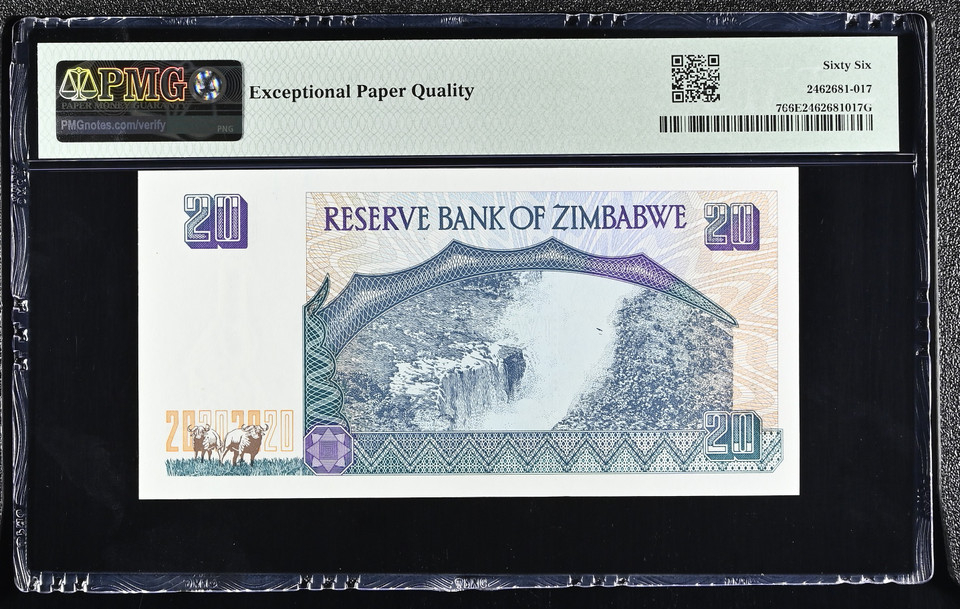 Zimbabwe 1997 Reserve Bank 20 Dollars Pick 7 Zimbabwe Bird Watermark PMG 66 EPQ Gem Uncirculated