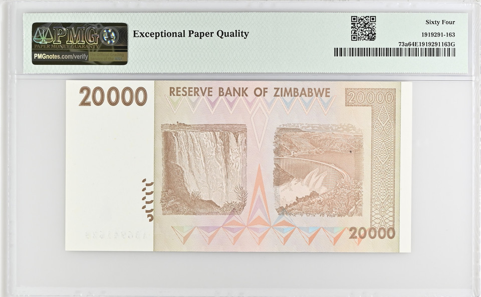 Zimbabwe 2008 20,000 Dollars Pick 73a Plain Paper PMG 64 EPQ Choice Uncirculated