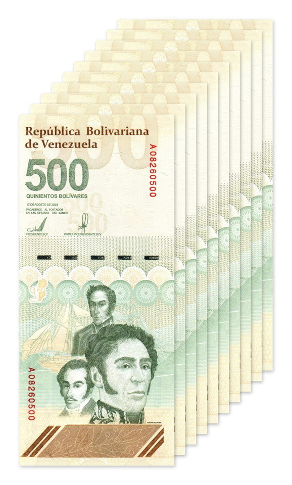 10-note lot of Venezuela 500 Bolívares Digitales 2023 banknotes, P-121, UNC, stacked (representative image)