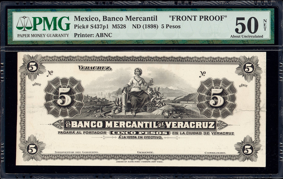 Mexico 1898 5 Pesos PMG 50 & 55, P-S437 p1-p2, Front & Back Proof AU Rare Notes