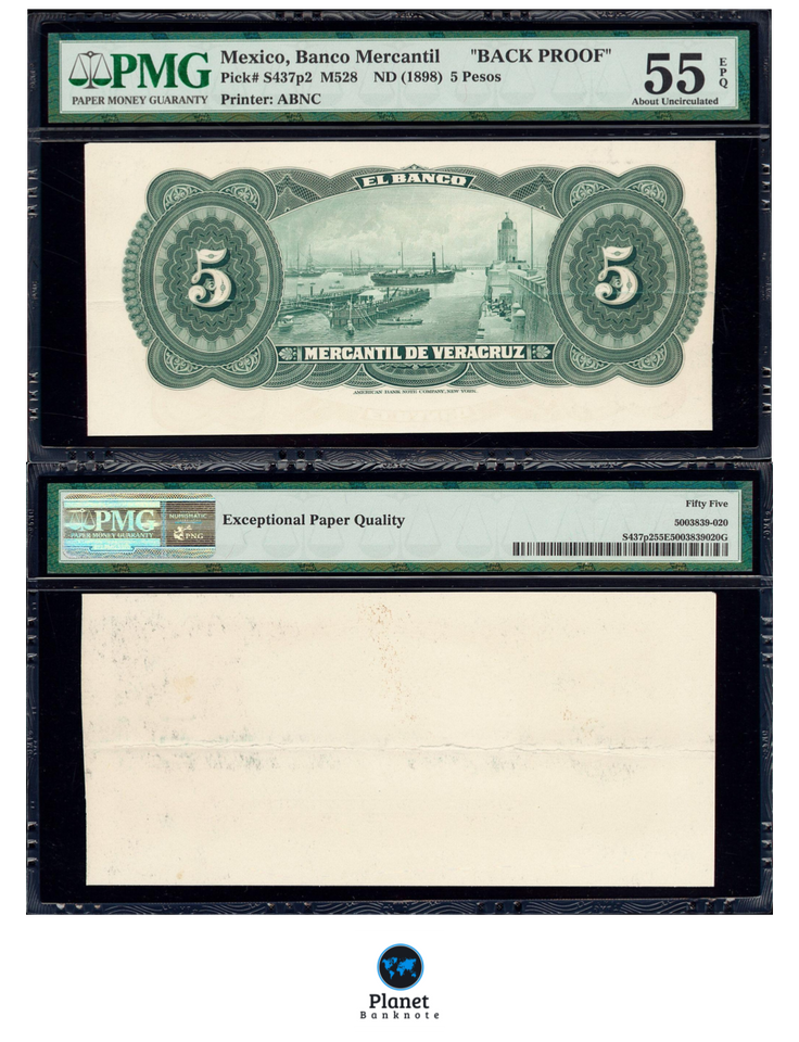 Mexico 1898 5 Pesos PMG 50 & 55, P-S437 p1-p2, Front & Back Proof AU Rare Notes
