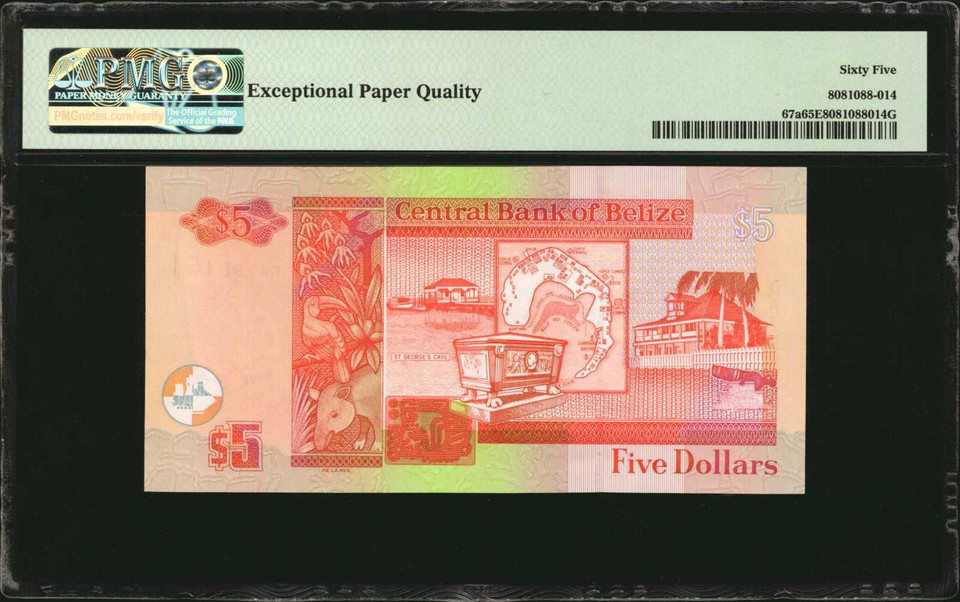 Belize Central Bank 2; 5 Dollars 1996-2007 PMG 65 & 66, Queen Elizabeth, 6 Notes