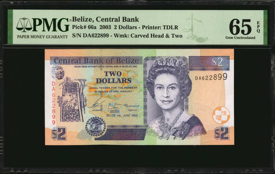 Belize Central Bank 2; 5 Dollars 1996-2007 PMG 65 & 66, Queen Elizabeth, 6 Notes