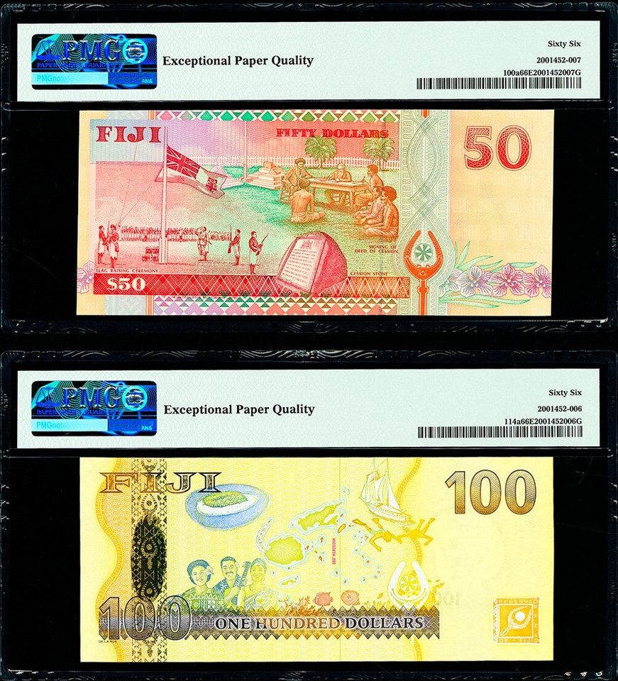 Fiji Reserve Bank 50; 100 Dollars 1996-2007 PMG 66, Queen Elizabeth II, 2 Notes