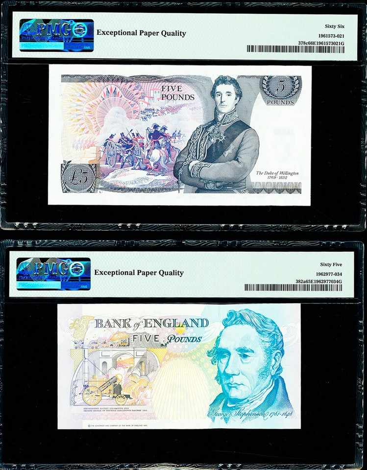 Great Britain 5 Pounds 1980-91 PMG 65 & 66, Queen Elizabeth II, 2 Notes Total