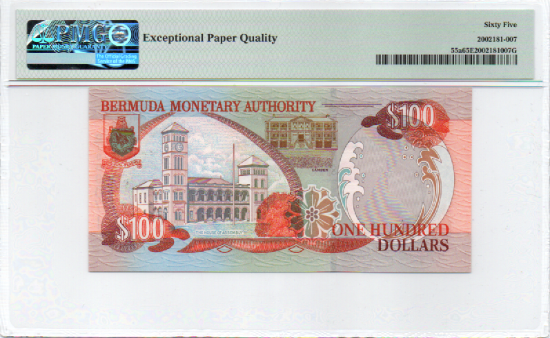 Bermuda, Monetary Authority 100 Dollars 2000 PMG 65, Queen Elizabeth, LOW S/N 71