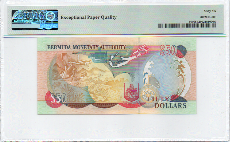 Bermuda Monetary Authority 50 Dollars 2007 PMG 66, LOW S/N 140, Queen Elizabeth