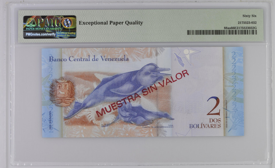 Venezuela Banco Central 2 Bolivares 2007 PMG 66 P-88as, Specimen, Beautiful Blue