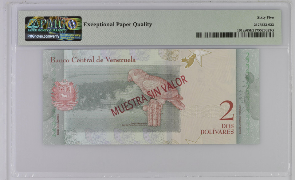 Venezuela 2 Bolivar Soberano 2018 PMG 65, P-101as, Specimen, Beautiful Green