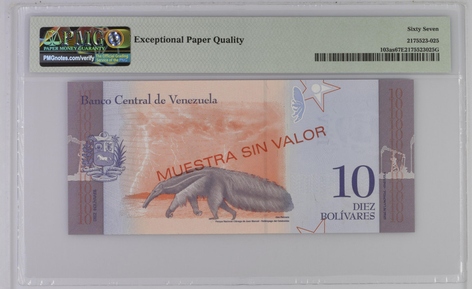 Venezuela 10 Bolivar Soberano 2018 PMG 67, P-103as, Specimen, Top Pop, Very Rare