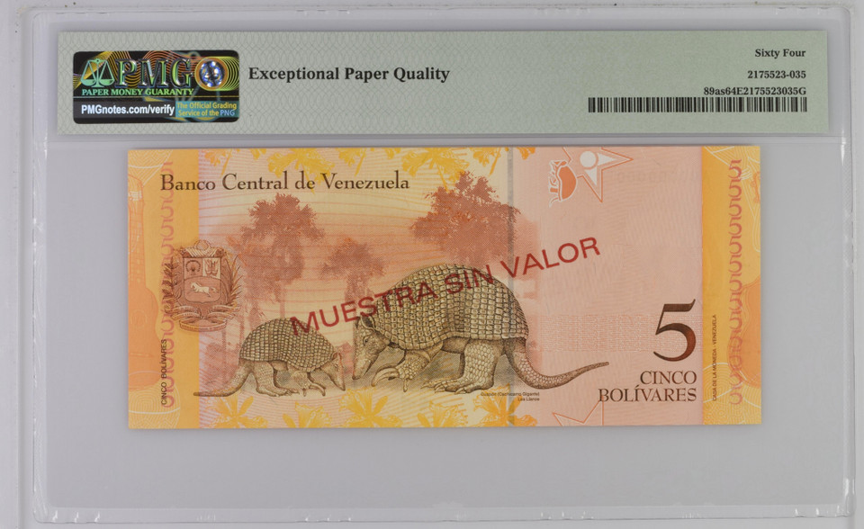 Venezuela Banco Central 5 Bolivares 2007 PMG 64 CU P-89as, Specimen, Nice Orange