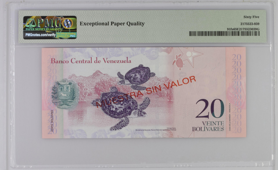Venezuela Banco Central 20 Bolivares 2013 PMG 65, P-91fs, Specimen, Nice Pink