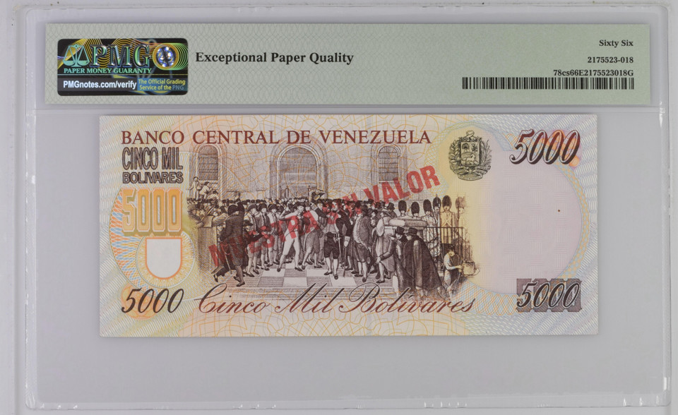 Venezuela Banco Central 5000 Bolivares 1998 PMG 66, P-78es, Specimen, Rare Find