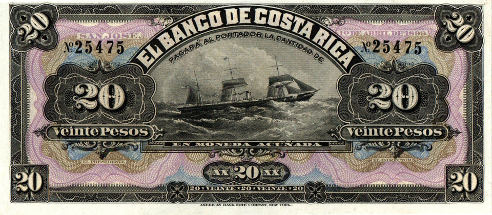 Costa Rica 1899:1906 2 NOTES, Pesos & Colones, Remainder UNC, Beautiful Vibrant Color, RARE