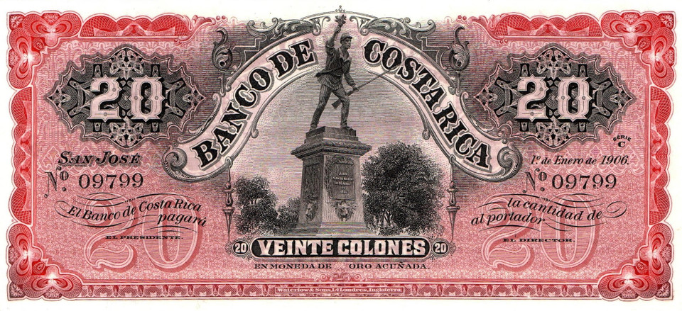Costa Rica 1899:1906 2 NOTES, Pesos & Colones, Remainder UNC, Beautiful Vibrant Color, RARE